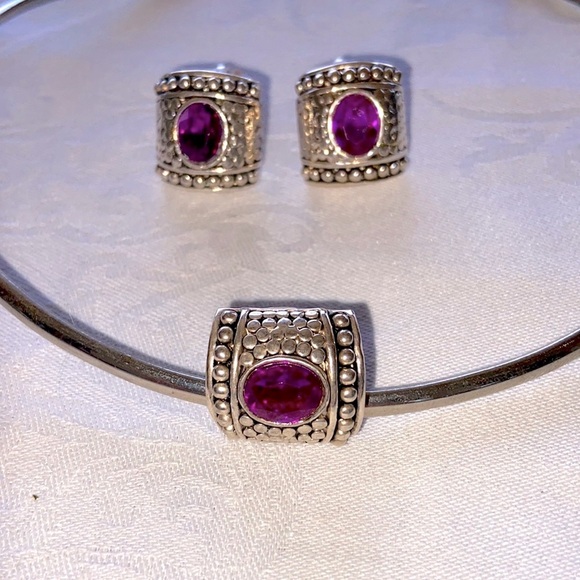 Y2K Pink Slide Pendant and Earrings Set Clip Earrings Antique Silver Tone Metal - Picture 6 of 7